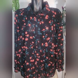 Lane Bryant Black Floral Sheer Button Up Shirt